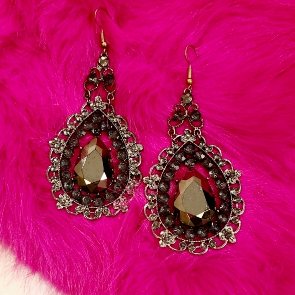 Oversized Marcassite Cystal Gunmetal Teardrop Earrings